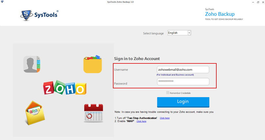 Fill Zoho Account Credentials